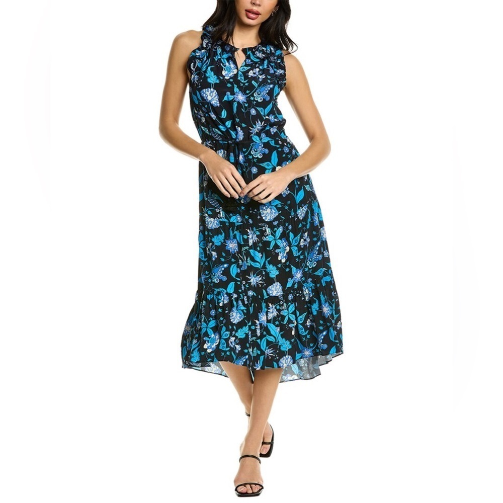 Figue Gabriella Floral-Print Paradise Batik Blue Viscose Tiered Dress NWT Size S